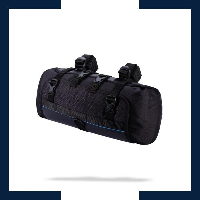 Compact black bike handlebar bag with adjustable straps and a modern design, ideal for carrying essentials, displayed on a clean white background.