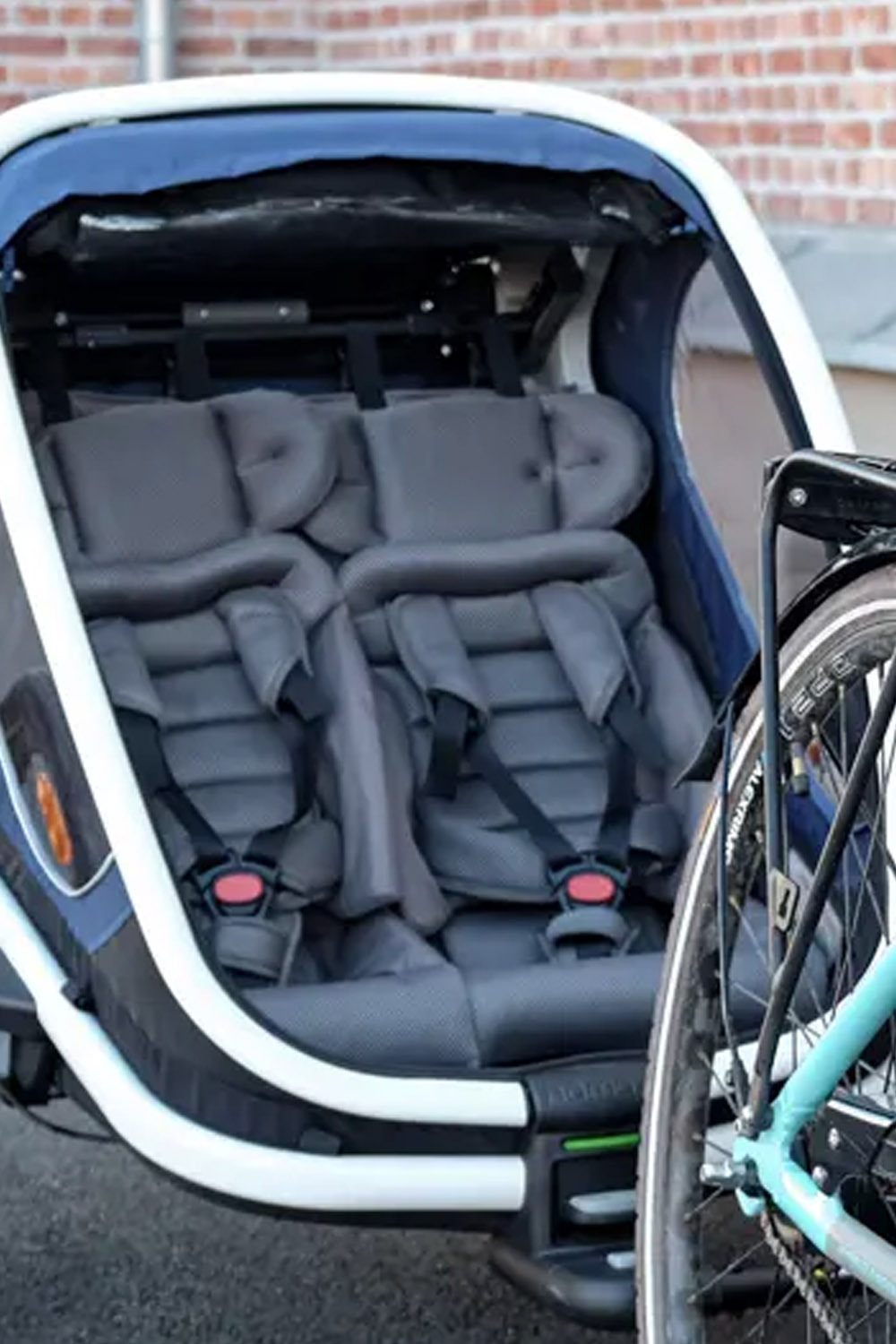 Hamax Outback 2-seat interior showing two padded seats and adjustable 5-point harnesses