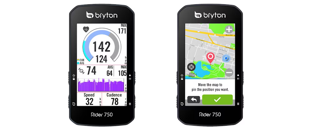 Two Bryton Rider 750 cycling GPS devices, one showing heart rate, speed, and cadence data, and the other displaying a map with a pin position feature.