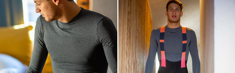 Cyclist wearing a Santini long-sleeve base layer and another in bib shorts with suspenders, ready for cycling.