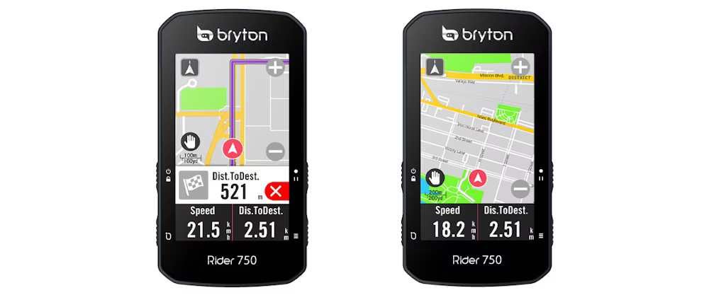 Two Bryton Rider 750 cycling GPS devices displaying different navigation screens, showing speed and distance to destination.
