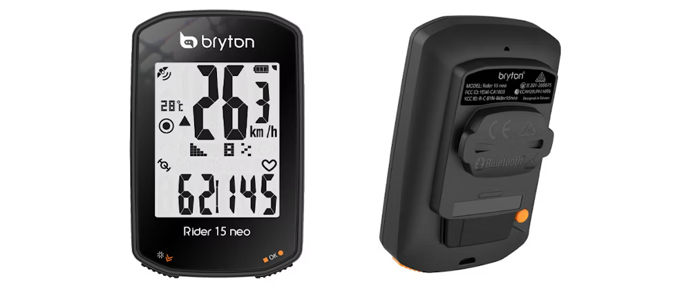 Bryton Rider 15 Neo cycling computer front and rear view showcasing display and mounting details.