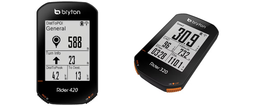 Bryton Rider 420 and Rider 320 cycling computers showing turn info, distance to POI, speed, and ride metrics.