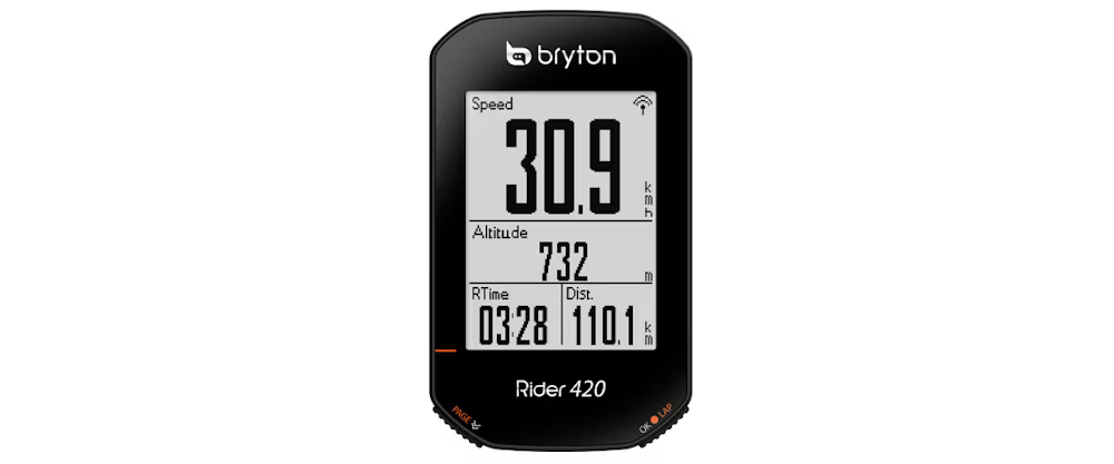 Bryton Rider 420 cycling computer displaying speed, altitude, ride time, and distance metrics.