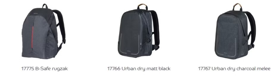 Three cycling backpacks: B-Safe rugzak, Urban dry matt black, and Urban dry charcoal melee, each with a sleek, modern design.