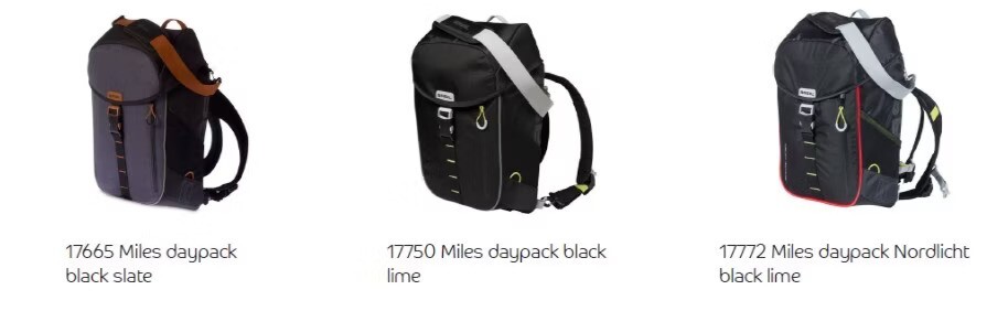 Three Miles daypacks in different styles: black slate, black lime, and Nordlicht black lime, featuring modern and functional designs.