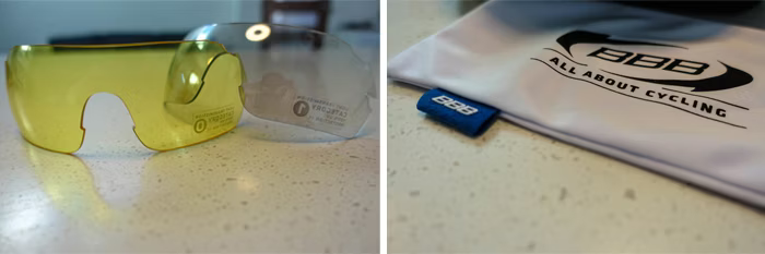 Two images showing interchangeable cycling lenses and a branded case; the left side features yellow and clear lenses on a countertop, and the right displays a BBB-branded pouch with the tagline 'All About Cycling'.