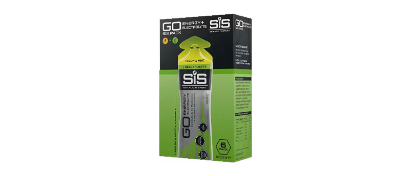 Box of SiS GO Energy + Electrolyte gel, lemon and mint flavor, six-pack packaging.