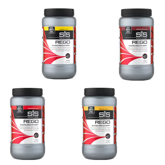 Four containers of SiS REGO Rapid Recovery protein powder in banana, chocolate, strawberry, and vanilla flavours.