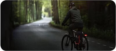 Person cycling on a forest road at dusk, with a rear red light illuminated for visibility.