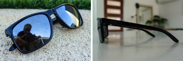 Two images of black sunglasses with reflective lenses; one outdoors on concrete showing a front view with reflections, the other indoors on a countertop, showcasing the side profile.