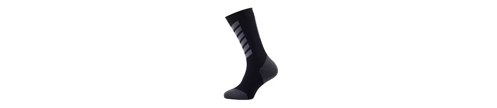 Black cycling sock with reflective gray stripes on the back, displayed on a white background.