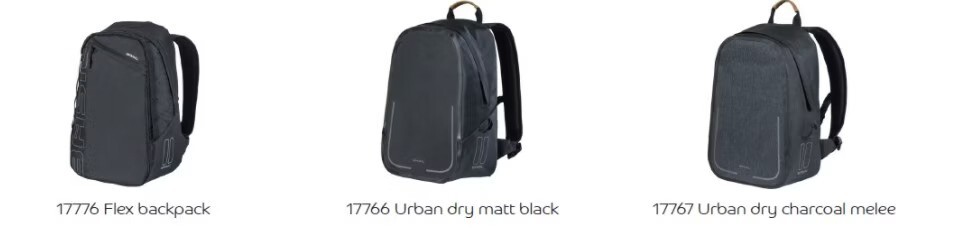 Three different backpacks: Flex backpack, Urban dry in matt black, and Urban dry in charcoal melee, showcasing sleek and modern designs.