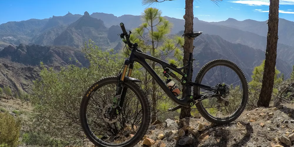 Mountain bike parked on a rocky trail with a scenic mountain view in the background.