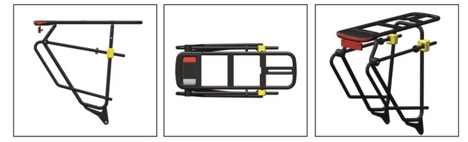 Three views of a black bicycle luggage carrier rack with yellow mounting points and a red locking mechanism.