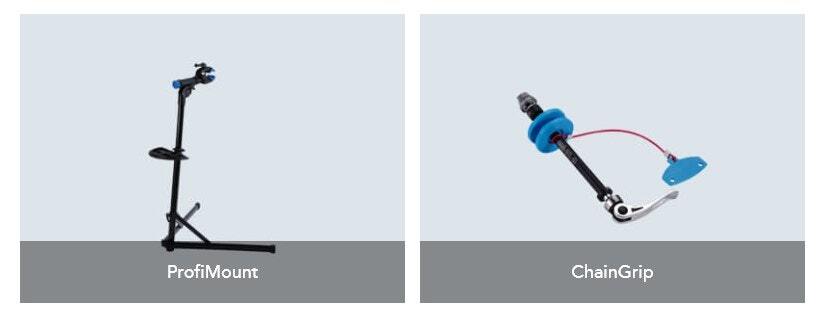 ProfiMount bike repair stand and ChainGrip tool for securing the bike chain during maintenance.