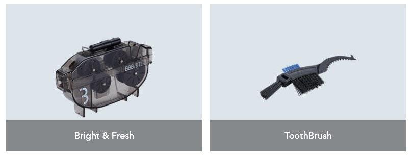 Two bike cleaning tools: Bright & Fresh chain cleaner on the left and ToothBrush cleaning brush on the right.