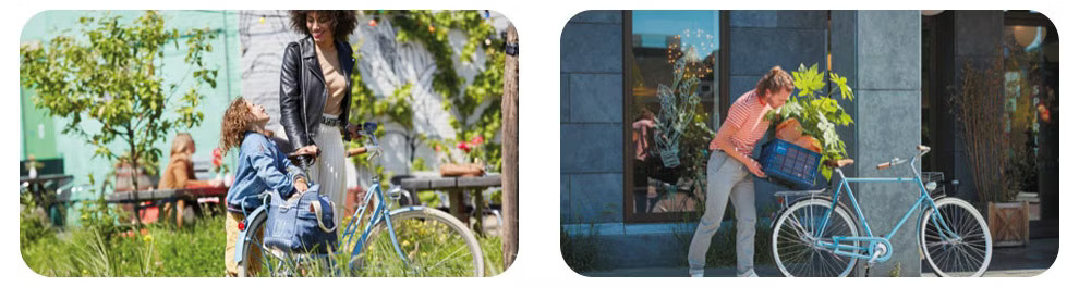 Two scenes of people with bicycles: a woman and a child with a bike in a garden, and a man placing a crate on his bike outside a building.