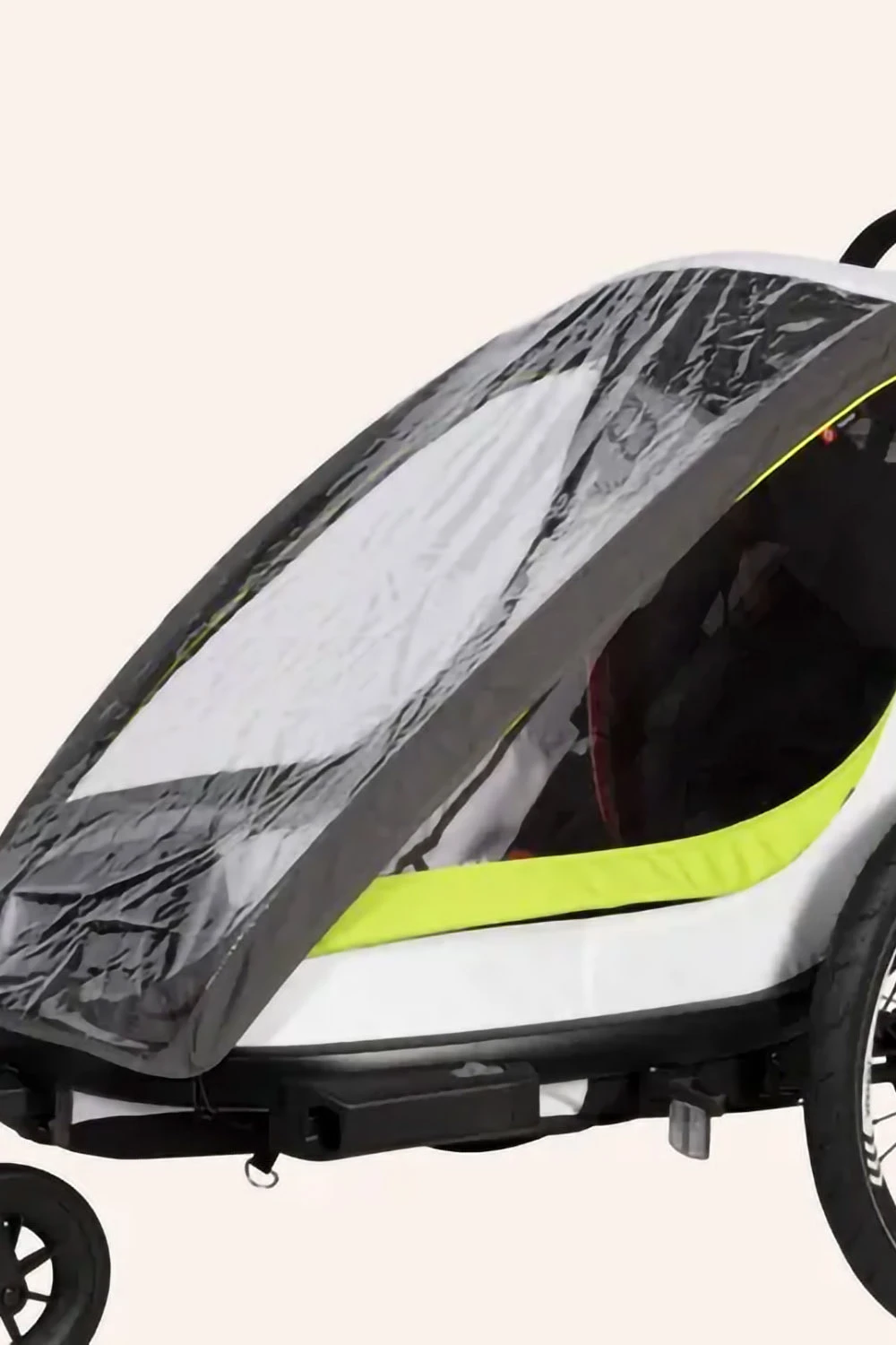 Hamax Breeze 2-seat with integrated rain cover pulled over the trailer