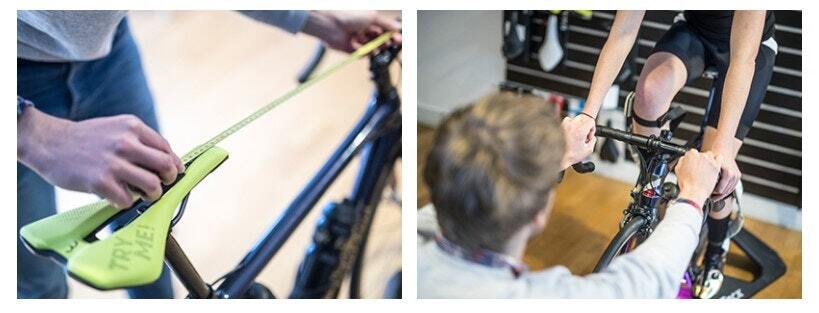 A bike fitting process: measuring a bike saddle with a tape measure on the left, and adjusting handlebar position while the rider is seated on the right.
