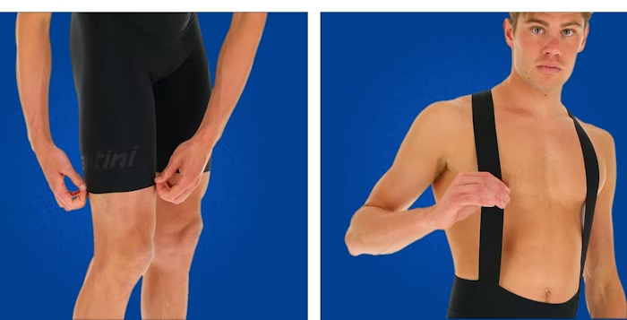 Model showcasing Redux Bib Shorts with adjustable grip on leg area