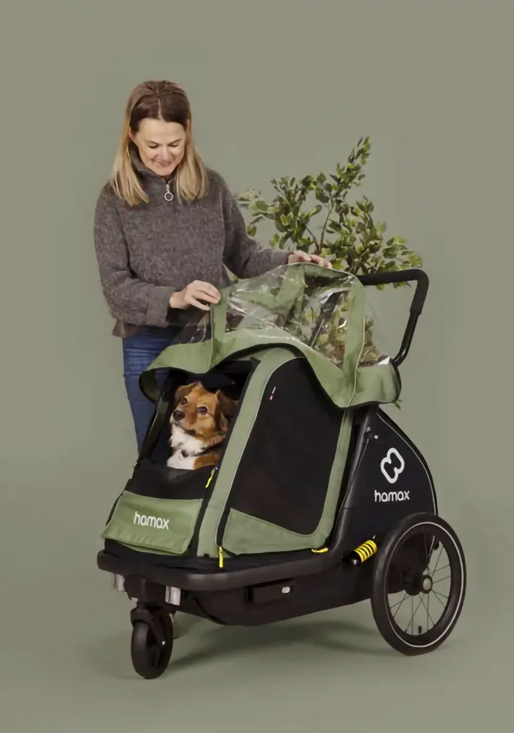 Hamax Pluto M dog trailer with rain cover fitted during wet weather ride
