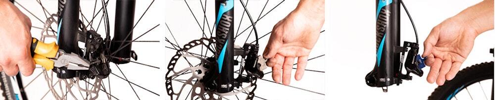 Step-by-step process showing a bicycle disc brake installation or maintenance