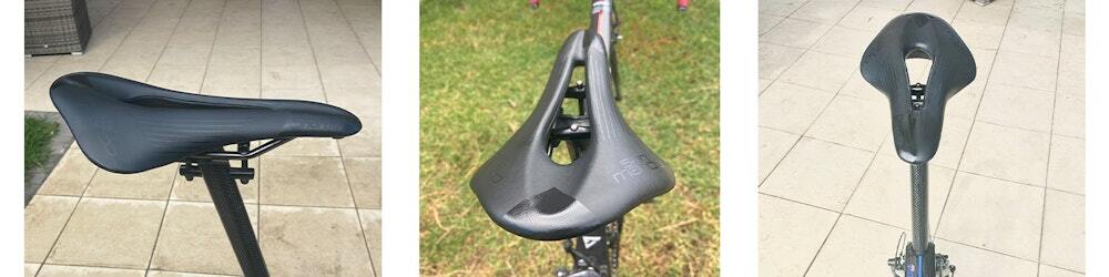 Three views of a sleek black bicycle saddle with a cutout design