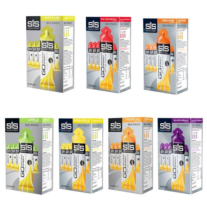 Assorted six-pack boxes of SiS GO Energy Gels in vibrant packaging, showcasing flavors including Lemon & Lime, Pink Grapefruit, Orange, Apple, Pineapple, Tropical, and Blackcurrant