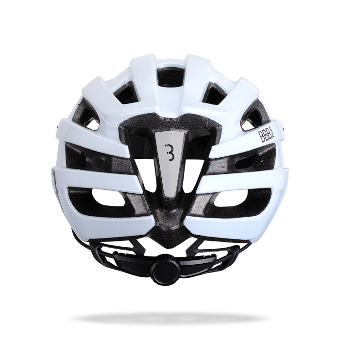 White cycling helmet showcasing a rear view with adjustable straps and ventilation openings.