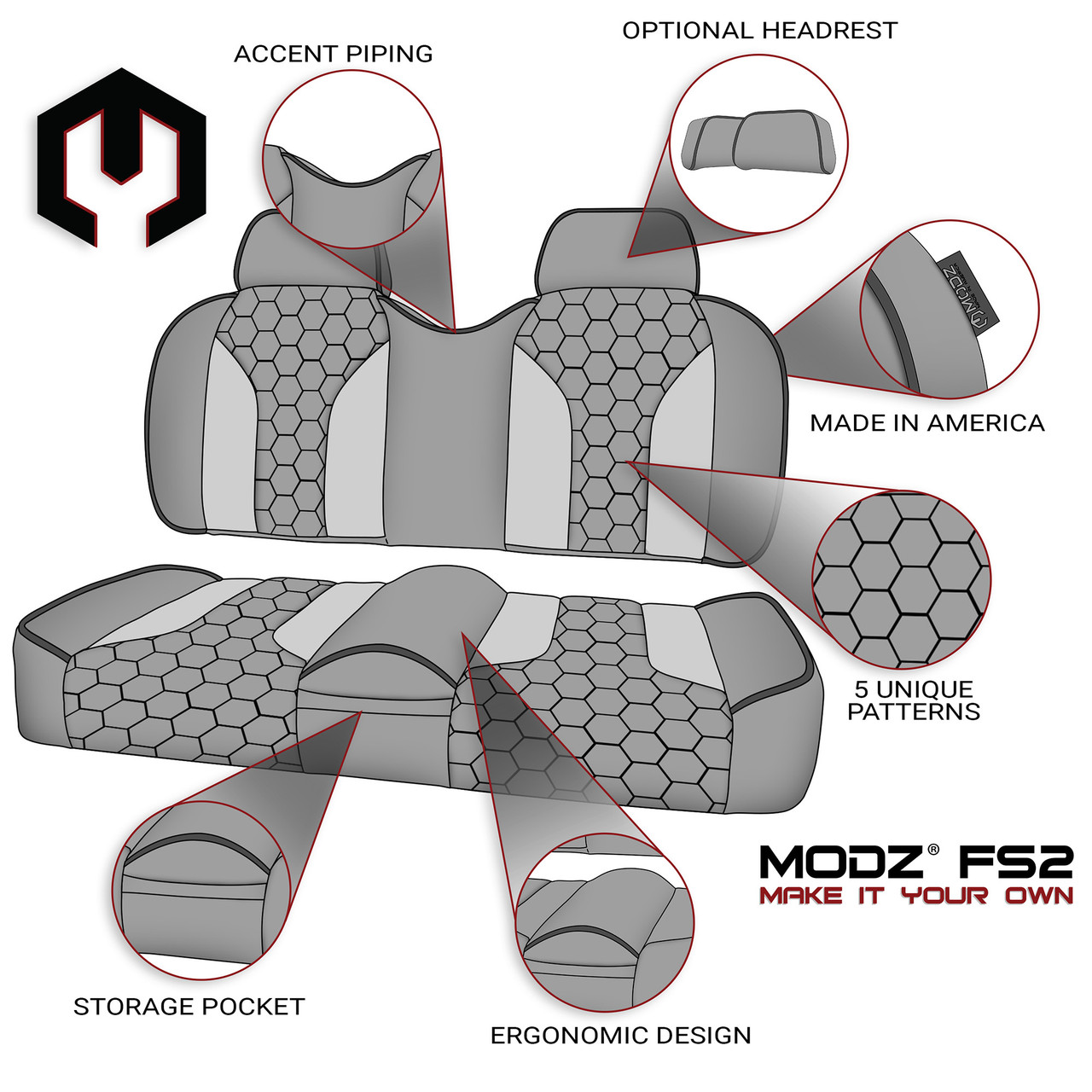 MODZ® FS2 FRONT SEAT FOR CLUB CAR, EZGO, ICON/EV1 & YAMAHA - CUSTOM