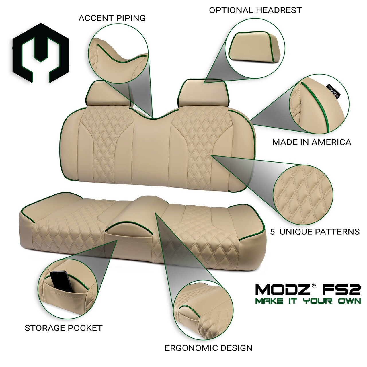 MODZ® FS2 FRONT SEAT FOR CLUB CAR, EZGO & YAMAHA - KHAKI BASE