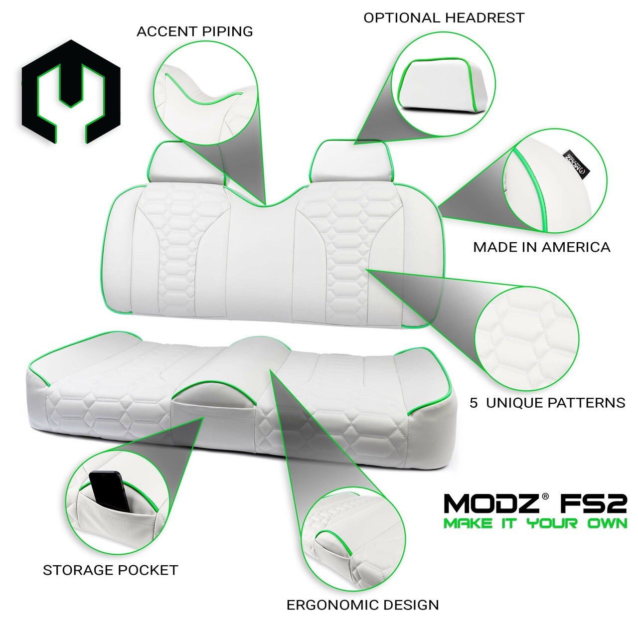 FaB Edge of Their Seats CF 3枚　プロモ MODZ® FS2 FRONT SEAT FOR CLUB CAR, EZGO & YAMAHA - WHITE BASE