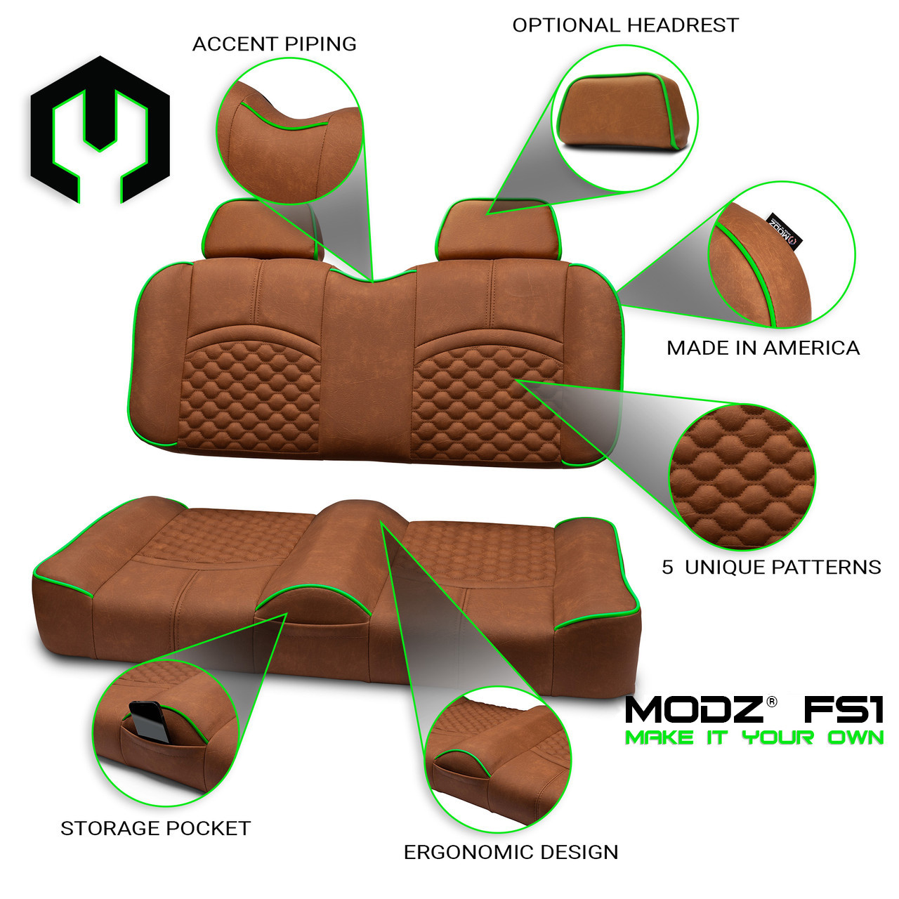 MODZ® FS1 FRONT SEAT FOR CLUB CAR, EZGO & YAMAHA - RUST BASE