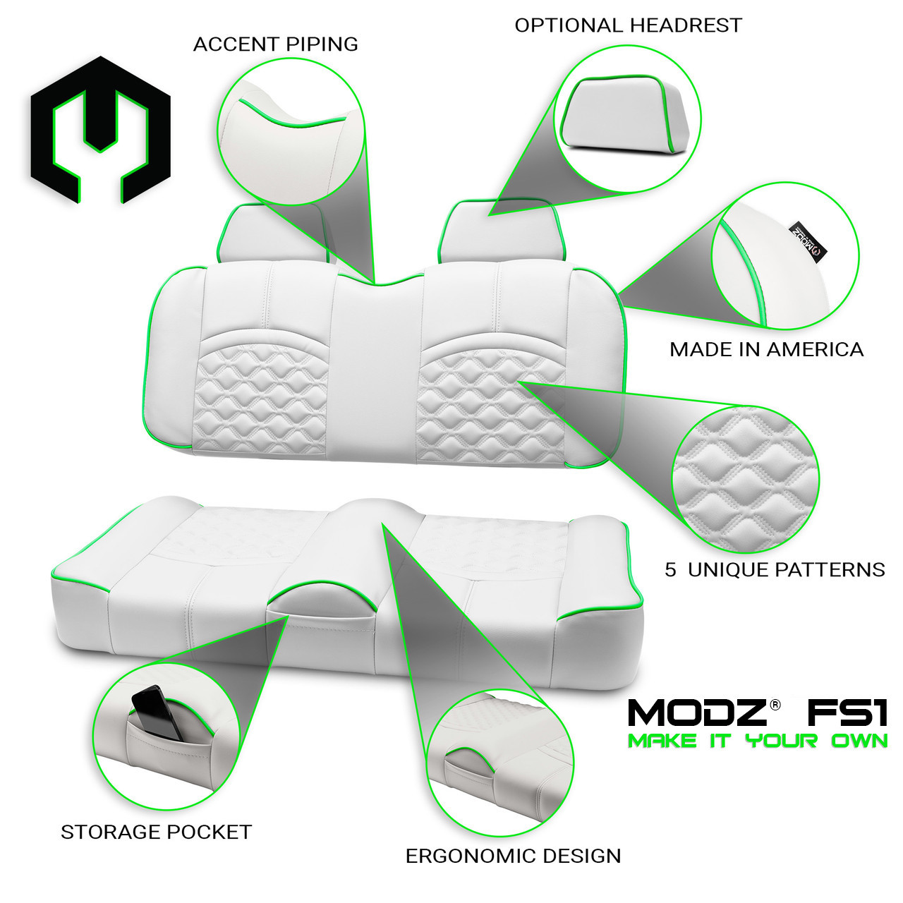MODZ® FS1 FRONT SEAT FOR CLUB CAR, EZGO & YAMAHA - WHITE BASE