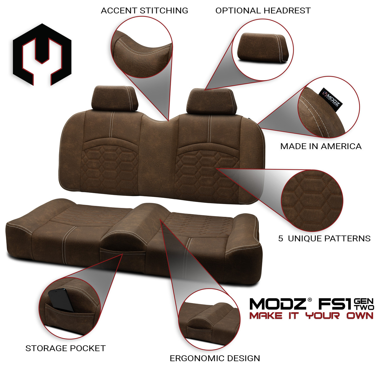MODZ® FS1 TOP STITCH FRONT SEAT FOR CLUB CAR, EZGO & YAMAHA