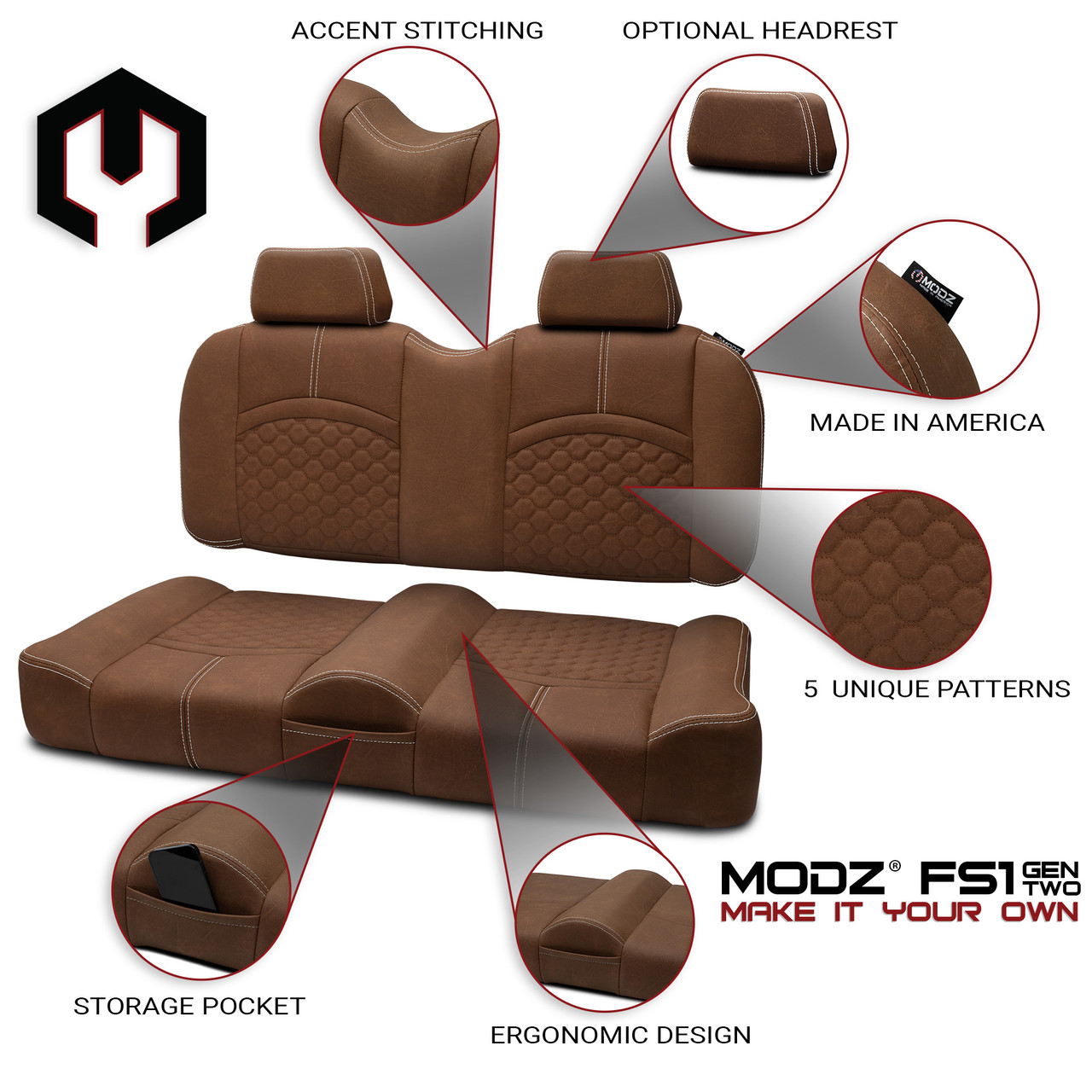 MODZ® FS1 TOP STITCH FRONT SEAT FOR CLUB CAR, EZGO & YAMAHA - RUST