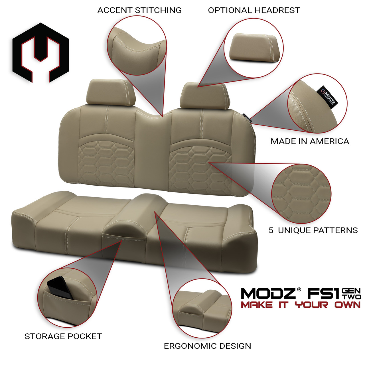 MODZ® FS1 TOP STITCH FRONT SEAT FOR CLUB CAR, EZGO & YAMAHA