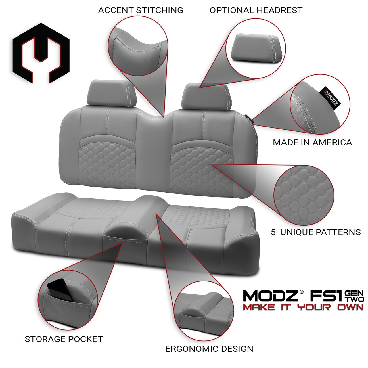 MODZ® FS1 TOP STITCH FRONT SEAT FOR CLUB CAR, EZGO & YAMAHA - GRAY