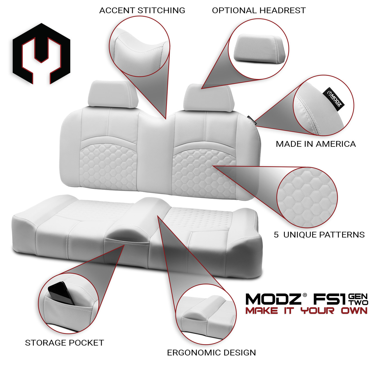 MODZ® FS1 TOP STITCH FRONT SEAT FOR CLUB CAR, EZGO & YAMAHA