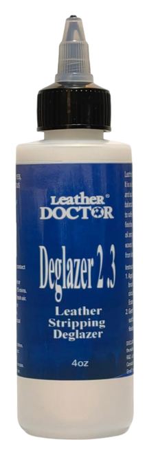 Leather Stripping Deglazer 2.3 by Leather Doctor® is a Leather Finish Remover and Surface Prep pH 2.3 balanced solution formulated to safely strip unwanted finishes, aged conditioners, oil and grease contamination, waxes, inks, and paints from leather surfaces.