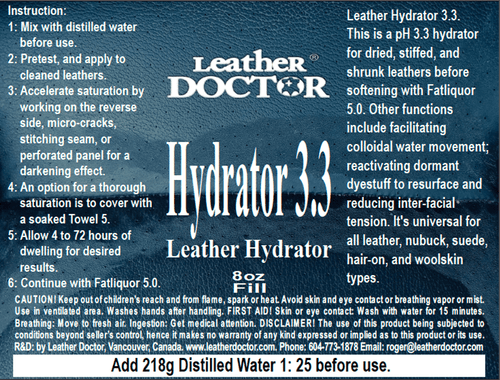 Leather Hydrator 3.3 by Leather Doctor® is a pH 3.3 conditioner that softens stiff leather by relaxing fibers and prepping it for effective fatliquoring.