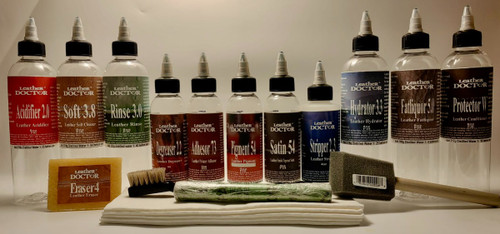 Semi-Aniline Leather Color Refinishing Kit SA7.cl by Leather Doctor® is recommended for refinishing, restoring, and protecting semi-aniline leathers using leather-safe, pH-balanced tannery-grade products.