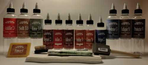 Aniline Leather Dyeing Kit A7.cl by Leather Doctor strips, degrease, clean, rinse, condition, primer coat, color coat, top coat, and protect leather again.