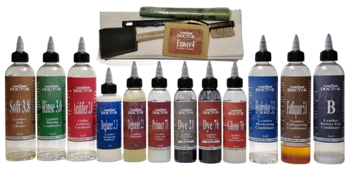 Aniline Leather Dyeing Kit A7.cl by Leather Doctor strips, degreases, rinses, dye-stains, hydrates, softens, priming,  dye-coats, seals, and conditions aniline leathers. Note: Soft 3.8 is removed from this picture.