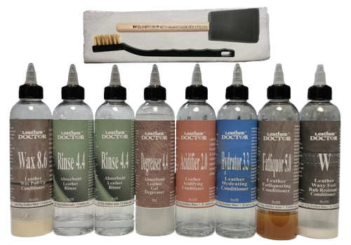 Aniline Leather Wax Pull-up Degreaser Kit AW5.dr by Leather Doctor degreases body oil, grease, and sweat on headrests and armrests with most bare body contacts. (add distilled water before use).
