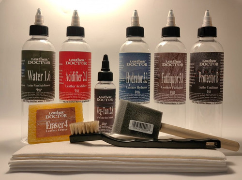 Leather Water Stain Remover Kit L3.ws by Leather Doctor® Effectively removes water spots, rings, and discoloration from leather using a safe, pH-balanced system with no side effects. Leather Water Stain Remover Kit L3.ws with Leather Protector B