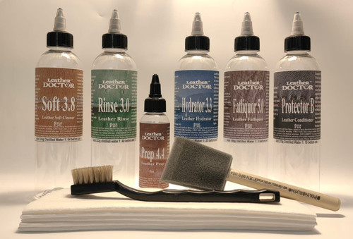 Aniline Leather Deep Cleaner, Conditioner and Protector Kit A3 by Leather Doctor performs cleaning, rinsing, hydrating, conditioning, and protection systems of care during a leather's lifetime. (With scentless Protector B). Aniline Leather Deep Cleaner, Conditioner and Protector Kit A3 by Leather Doctor performs cleaning, rinsing, hydrating, conditioning, and protection systems of care during a leather's lifetime. (With scentless Protector B).