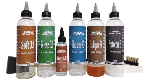 Aniline Leather Deep Cleaner, Conditioner and Protector Kit A3 by Leather Doctor performs cleaning, rinsing, hydrating, conditioning, and protection systems of care during a leather's lifetime. (With scentless Protector B).