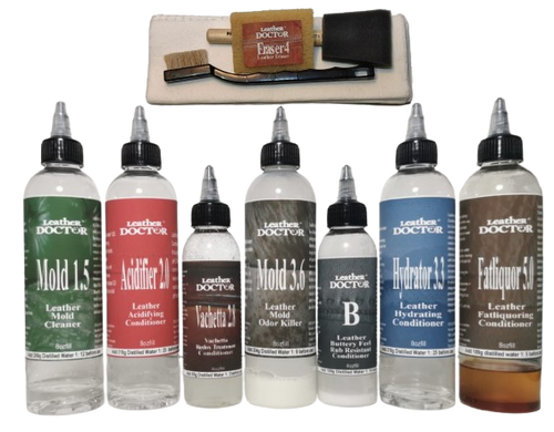 Vachetta Leather Mold Killer Kit V5.mk by Leather Doctor® is a Leather-Safe™ fungicide mold killer, sanitizer, and deodorizer specifically designed for Vachetta and all vegetable-tanned leathers.